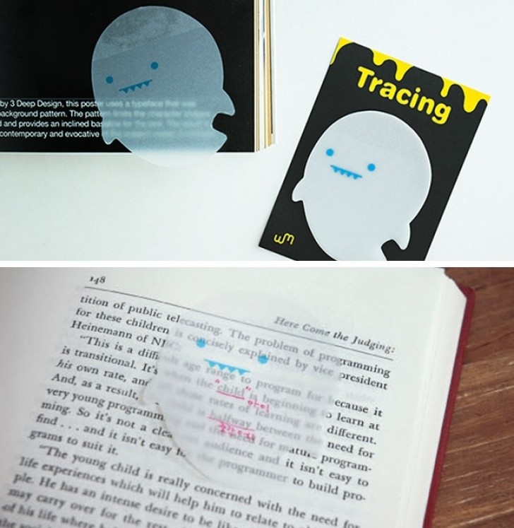 Transparente Klebefolien in Geist-Form. Damit könnt ihr Notizen in Büchern machen, in die ihr eigentlich nicht rein schreiben dürft.