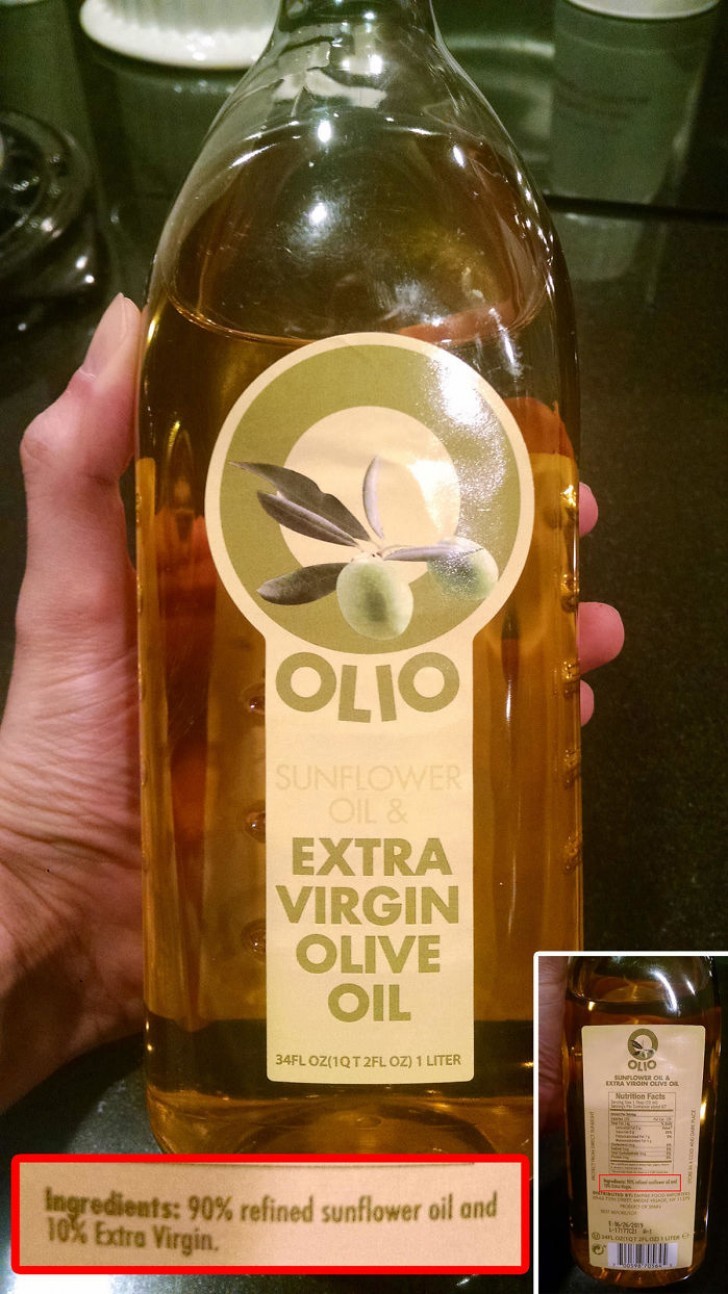 10% olive oil and 90% sunflower oil, but according to them, this is extra virgin olive oil!