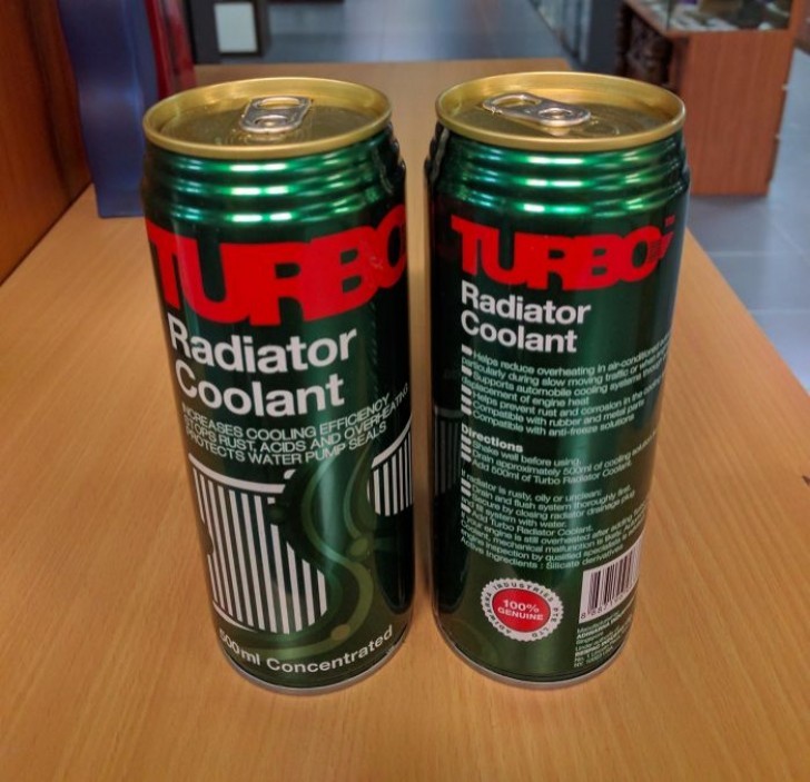 De koelvloeistof voor de radiator wordt verkocht in de vorm van een blikje bier. Dat kan toch niet!