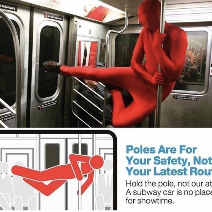 Een verzoek om de palen in de metro niet te gebruiken voor je eigen shows...