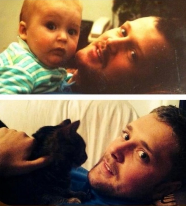 Io e mio padre nel 1991 ed io insieme al mio gatto nel 2013: impossibile trovare delle differenze!