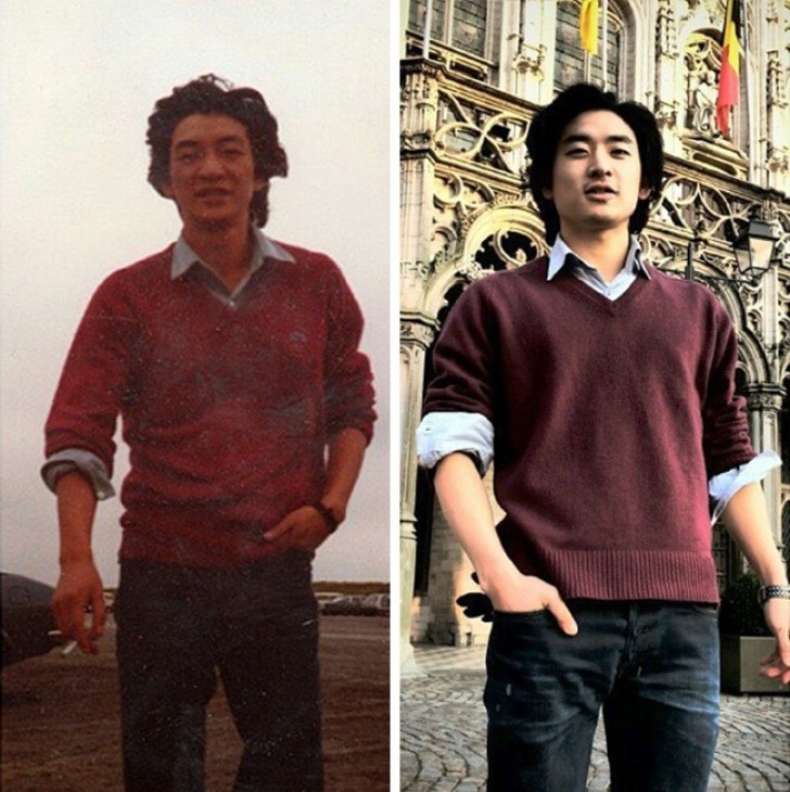 Père et fils photographiés au même âge, avec les mêmes vêtements!
