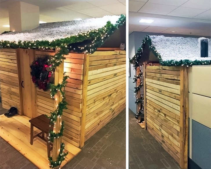 Wanneer je collega hebt die dol is op kerst en een kersthut bouwt op kantoor.