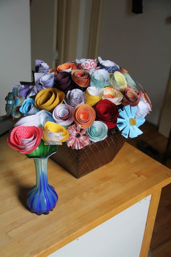For their wedding anniversary, he learned the art of origami and created a bouquet of flowers for her.
