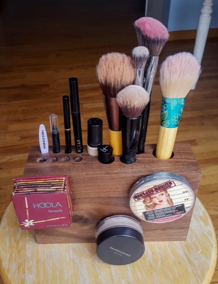This husband, with a passion for the art of woodworking, has created a wooden box organizer for his wife's makeup products and brushes.