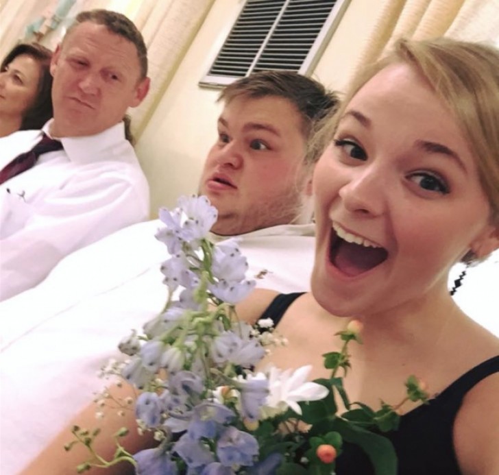 She catches the wedding bouquet in the air ... her fiancé looks a little worried!