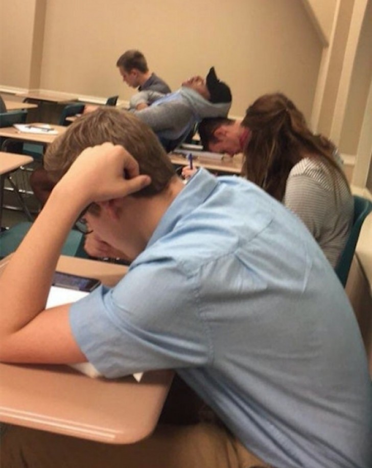 A comfortable position to take a nap in class.