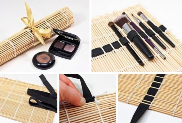 12. Did you know that you can make a makeup brush case at home? All you need is a bamboo or wicker table mat and an elastic band.