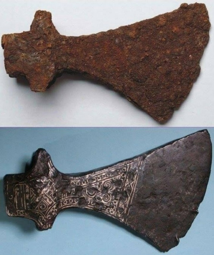 A Viking ax before and after restoration.