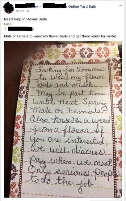 "Questa signora ha postato la foto di un biglietto scritto a mano su Facebook..."