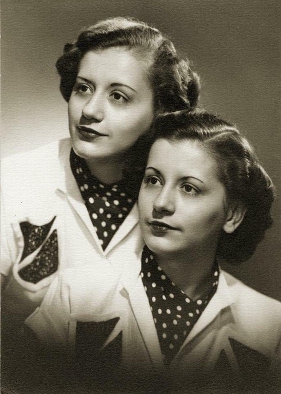 "My grandmother with her twin sister, in the 1940s --- today they would have turned 92."