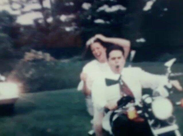 "My parents on their wedding day, while they were being chased by the police for not wearing helmets."