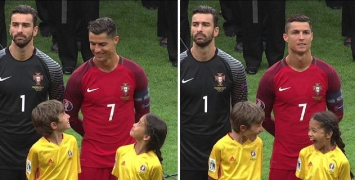 9. Two children meet their sports hero and cannot hold back their joy