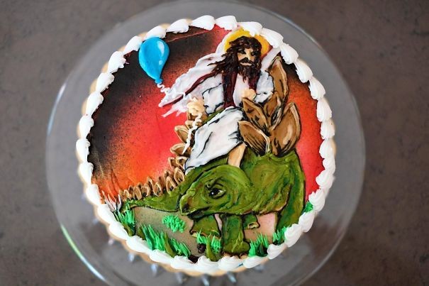 Als ich meinen Sohn fragte, wie er den Kuchen haben wolle, antwortete er, dass es ihm egal sei, selbst Jesus, der einen Stegosaurus reitet, wäre in Ordnung ...