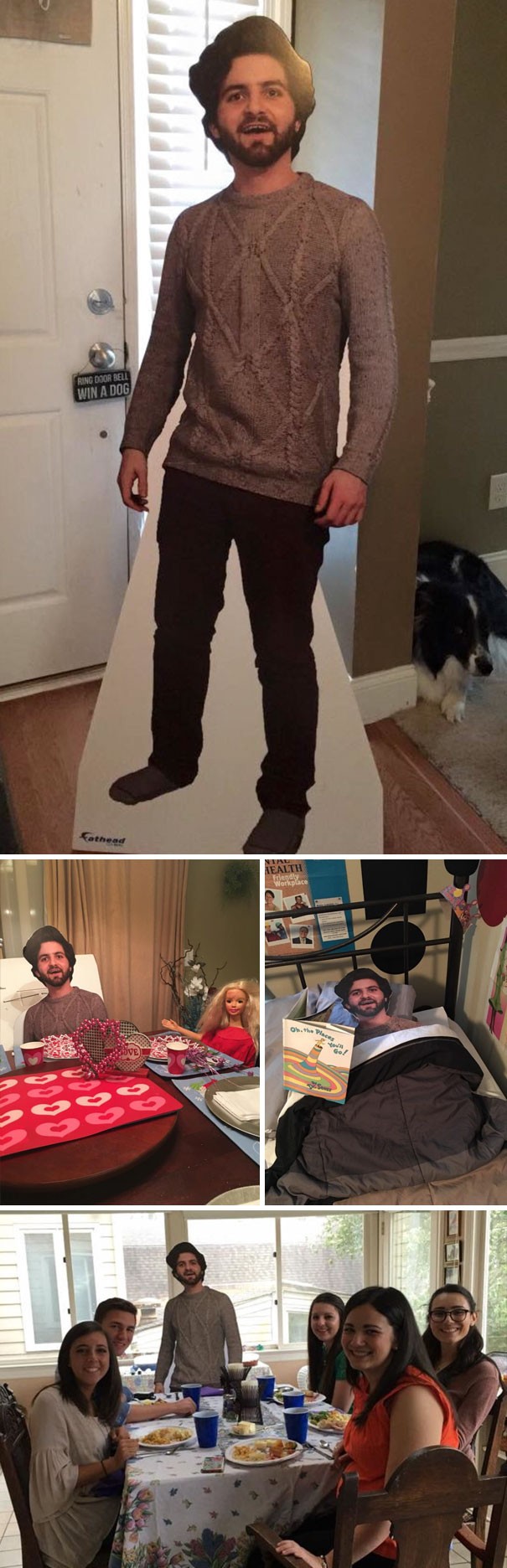 Her son has left for college so, with this life-size cardboard cutout of him, is how she will await his return to the family!