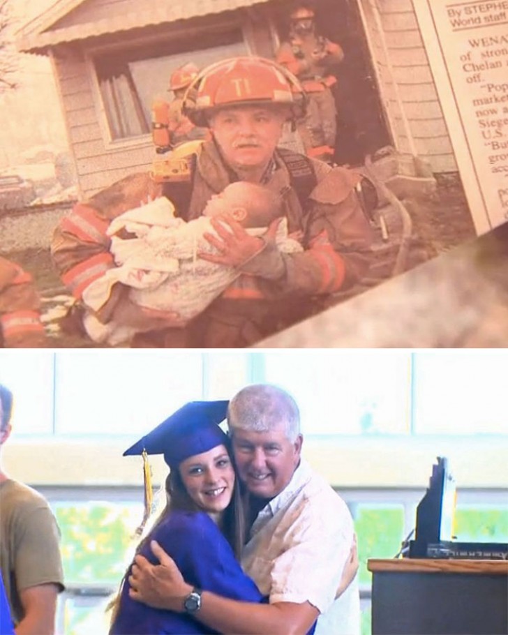 This fireman was invited to the graduation party of a girl whose life he had saved in a fire years before when she was a baby!