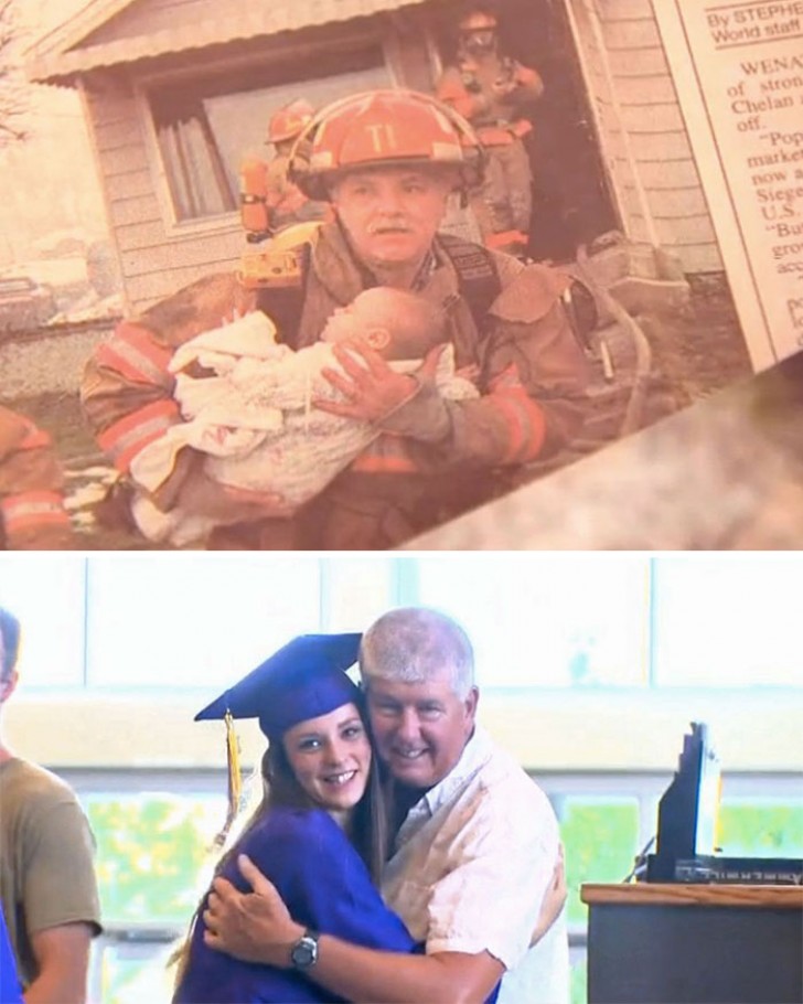 Este bombero ha sido invitado a la fiesta de graduacion de una joven que habia salvado años antes de un incendio.