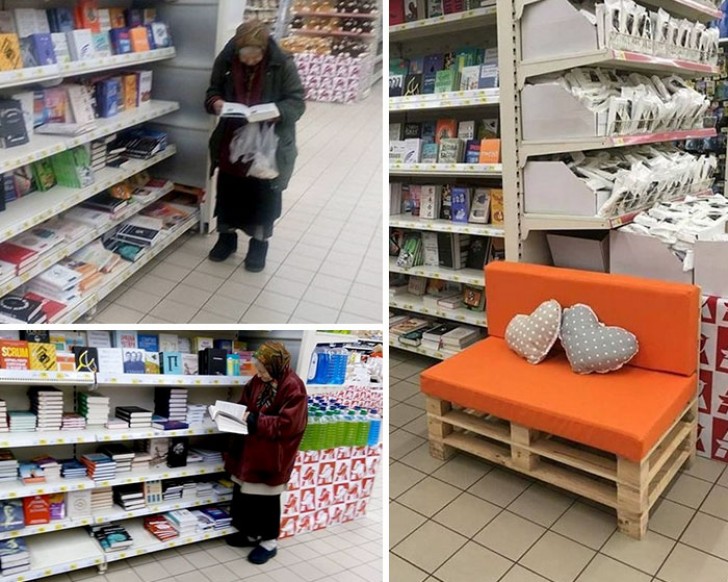 This elderly lady was often seen reading books at the supermarket, so the manager decided to make a bench seat available to her.