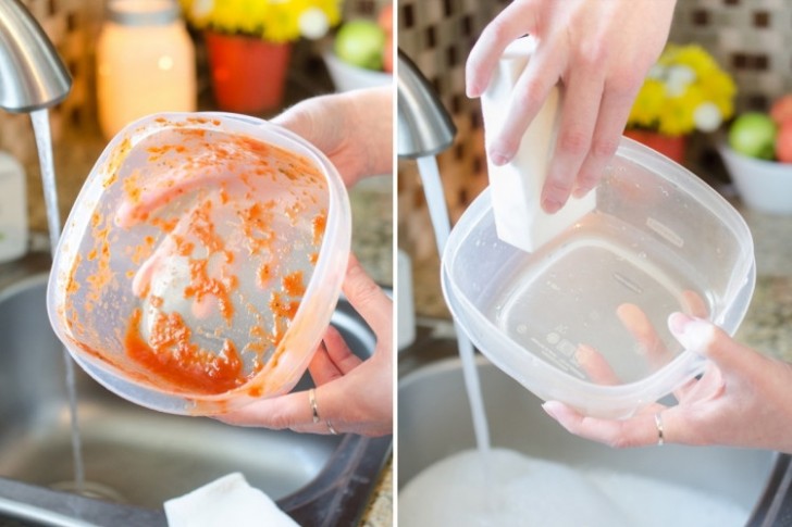 9. Remove sauce stains from plastic containers.