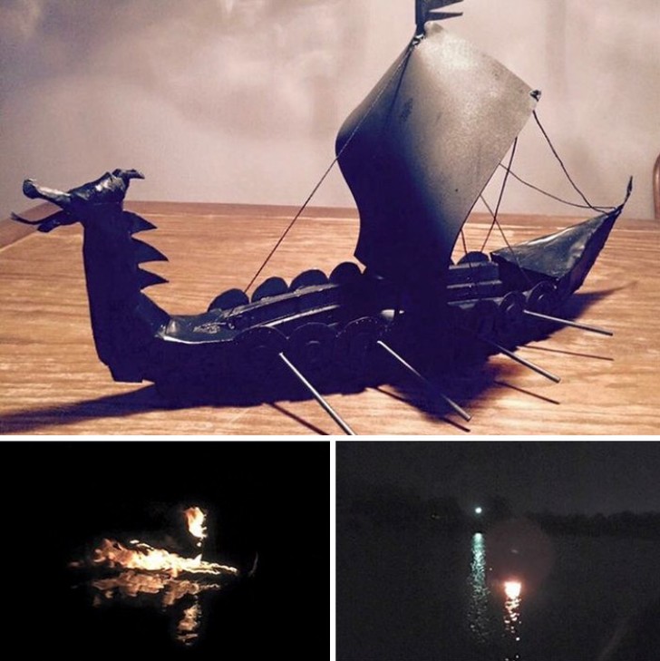 "Mijn vader wilde een vikingbegrafenis. Ik heb zelf deze boot gemaakt en zijn as erin gedaan en hem toen laten gaan".
