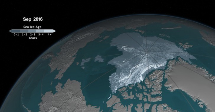 En 2016, 32 ans plus tard, la calotte glaciaire de l'Arctique ressemblait à ceci.