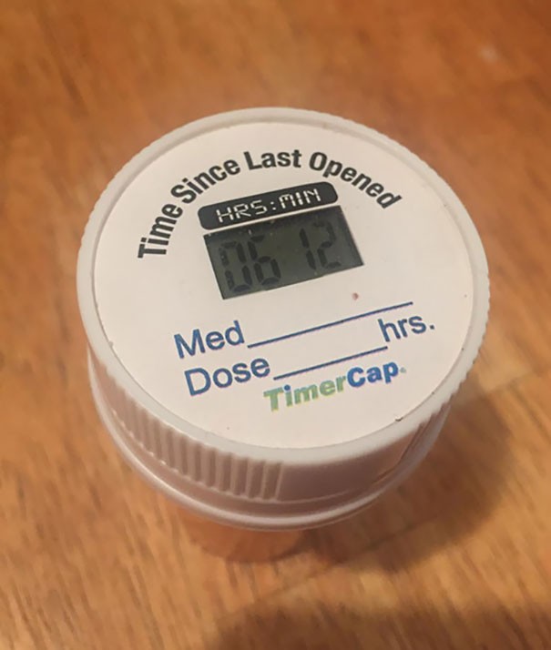 A medication container that tells you how much time has passed since the last time you opened it.