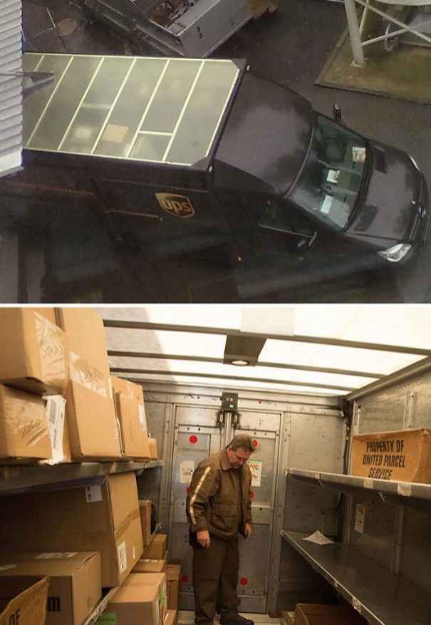 Doorzichtig dak voor deze UPS-wagen: overdag hoeft het licht niet aan om het af te geven pakketje te vinden!