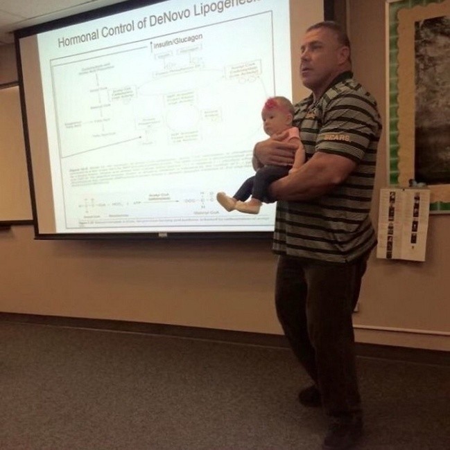 The babysitter had ditched him at the last minute, so this student asked for permission to attend the lesson with his 4-month-old daughter and his professor did not object!