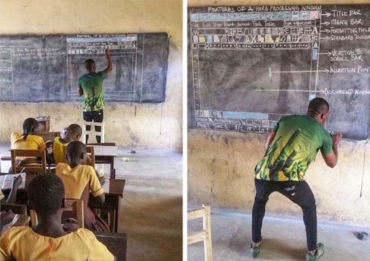 In dieser Schule gibt es keine Computer: Dieser Lehrer malt ein Word Dokument an die Tafel, um es den Kindern zu erklären.