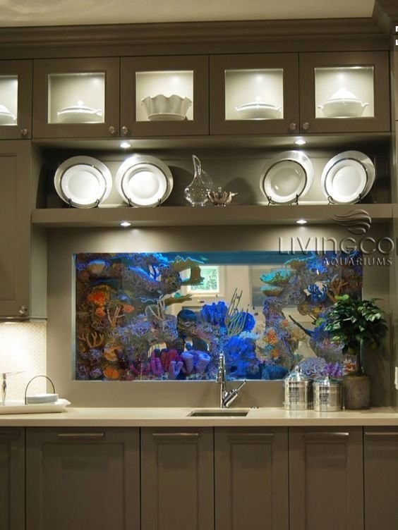 Have you ever thought about installing an aquarium in the kitchen? Here is an idea!