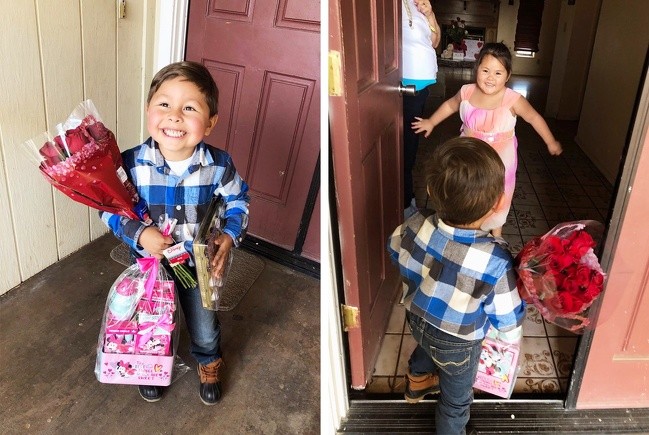 A little boy surprises his little girlfriend.