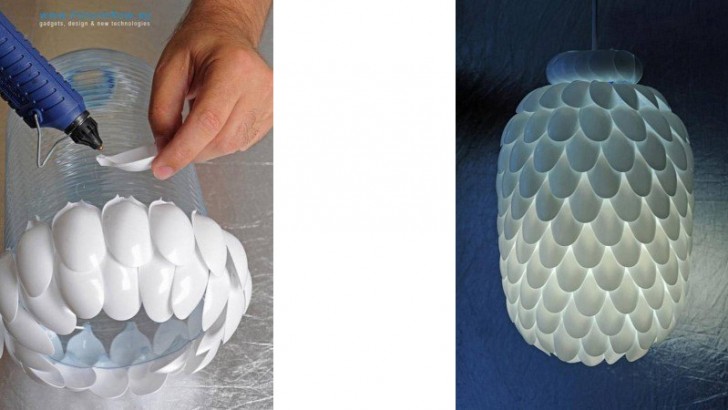 A lamp created with plastic spoons.