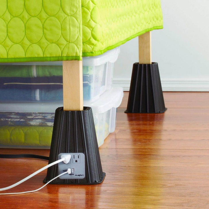 USB Bed Lift Set that fits onto the feet of your bed posts.