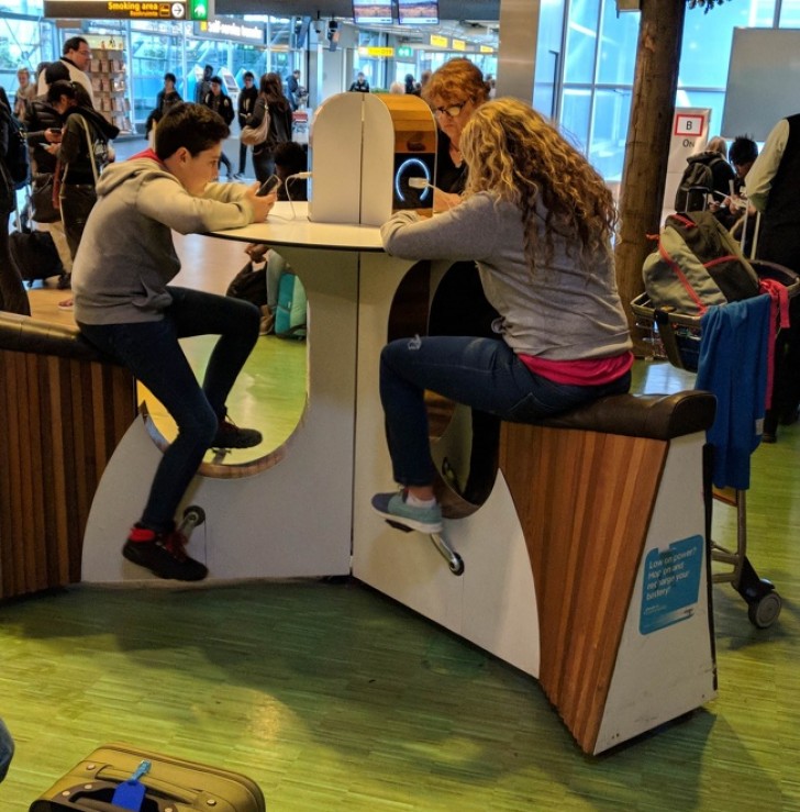 At this recharge station, you recharge electronics by pedaling.