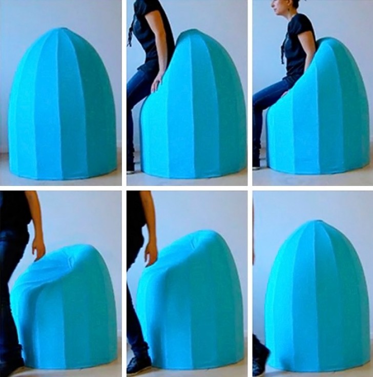 An intriguing foam sculpture chair called a "bounce" that conforms to a person's body but then returns to its original form.