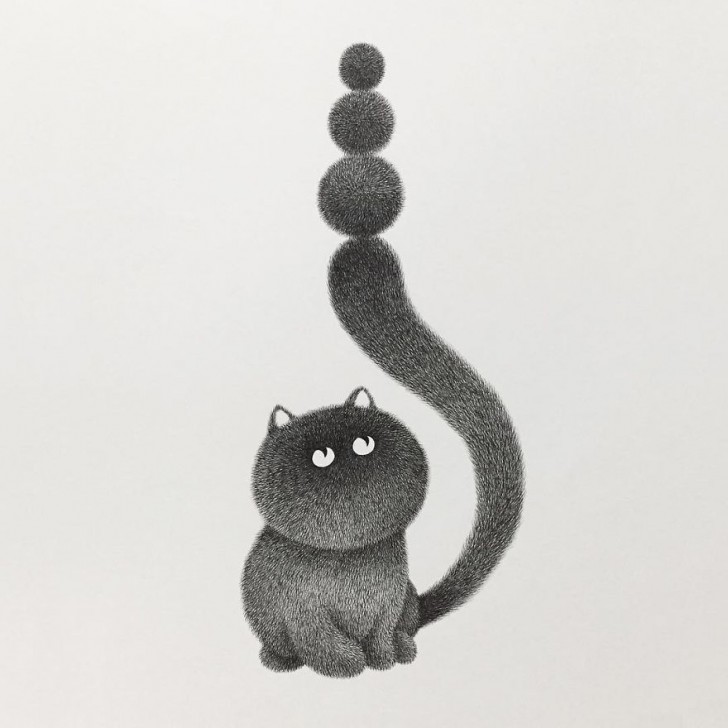 Il gatto nero posa spesso in posizioni buffe, prende in giro il suo stesso corpo paffuto e impacciato.