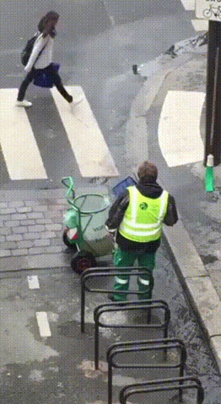 Even the trash collector does not seem to understand this crosswalk!