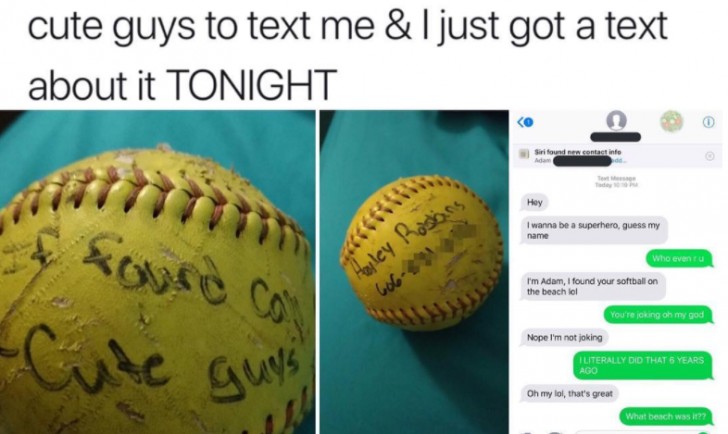 She writes her phone number on a baseball with the message --- Call me if you're a cute guy. Six years later she receives an SMS ...