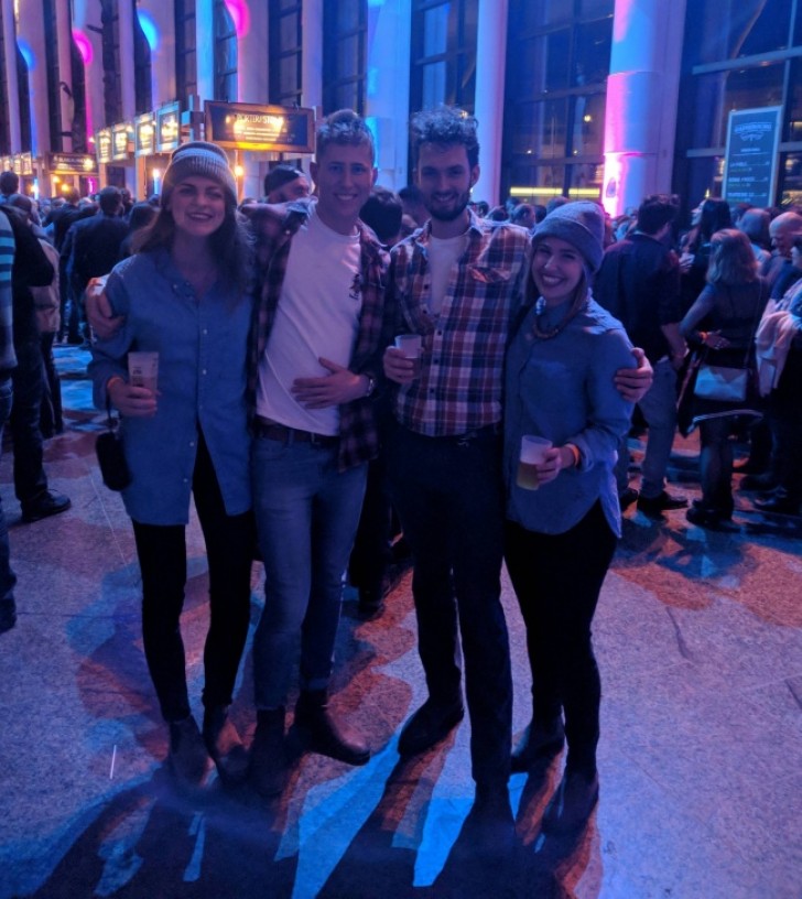 Two couples of strangers meet at a party and their outfits "force" them to take a picture!