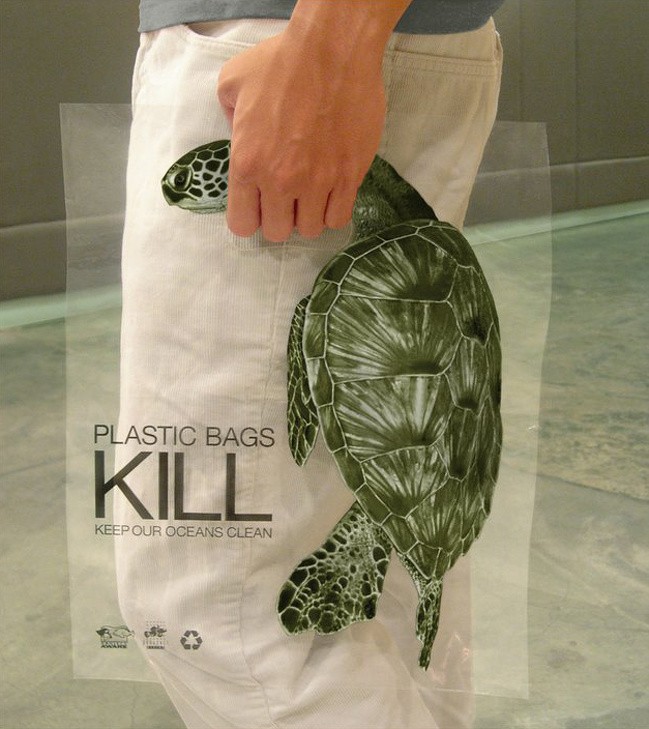 "Plastic bags kill . Keep our oceans clean."
