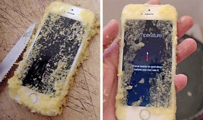 1. Darse cuenta solo durante la coccion en horno de haber hecho caer el celular en la mezcla de la torta.