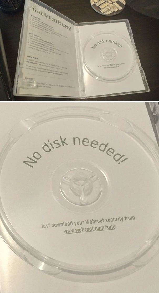 In the packaging of a computer with an integrated anti-virus, there was an empty CD jewel case with a message written triumphantly "no CD is needed!" Have you ever seen such an absurd waste of plastic?