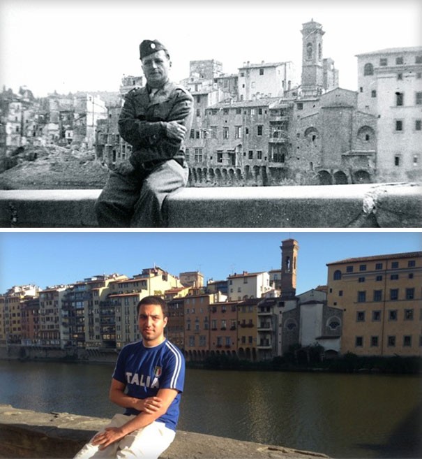 18. Assis au même endroit où mon grand-père a été photographié en 1944 : nous sommes sur l'Arno à Florence.