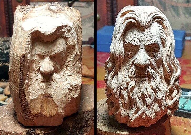 13. Wie entsteht eine Holzskulptur? Hier ist das Vorher und Nachher eines Gesichtes, das seinen Weg gemacht hat ...
