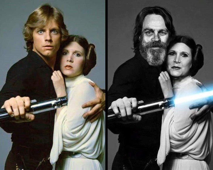 14. Carrie Fisher and Mark Hamill in the role of Princess Leila and Luke Skywalker at a distance of exactly 40 years.