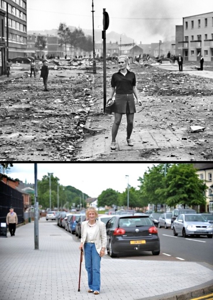 18. År 1969 utbröt ett våldsamt uppror i den nordirländska staden Derry: den här kvinnan återkallar händelsen med en imponerande bild.