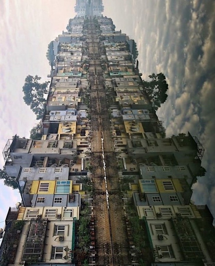This upside down panorama looks like a skyscraper.