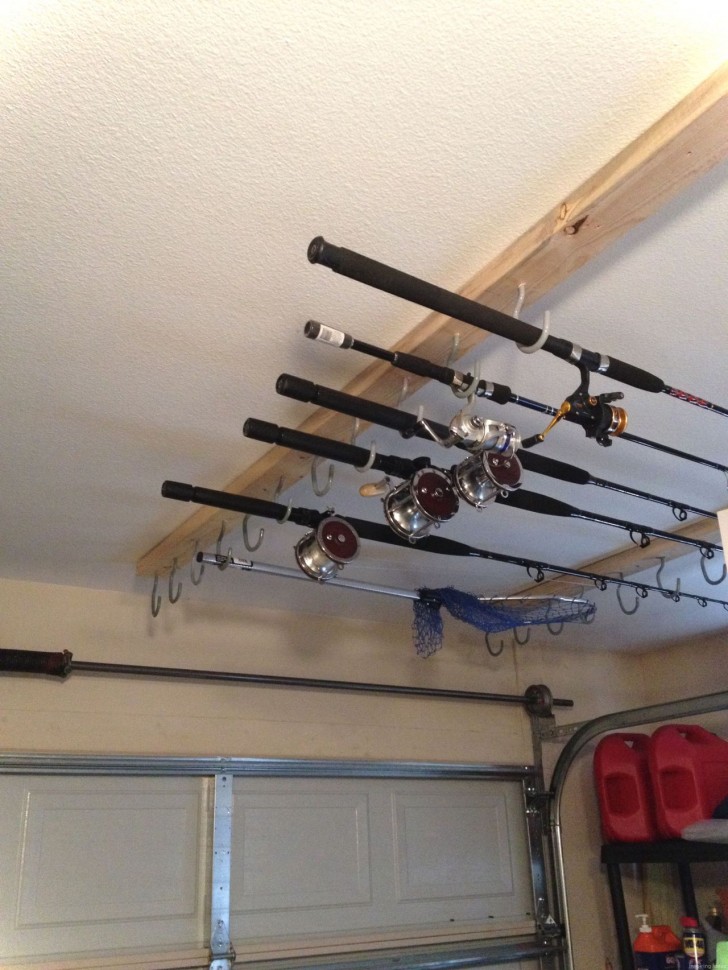 16. Gather up particular objects, such as fishing rods, and hang them from the ceiling