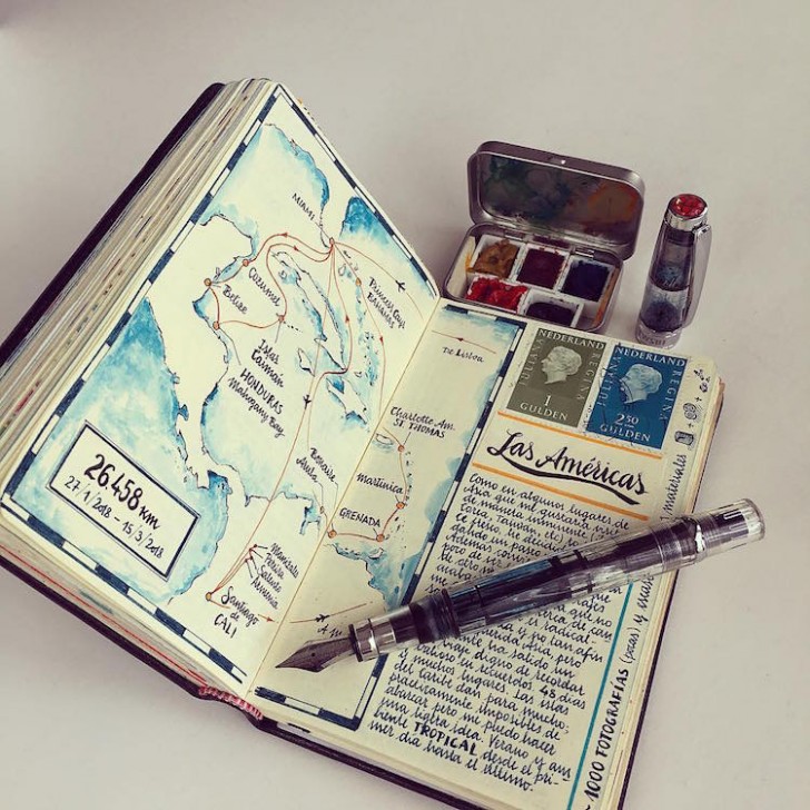 Nella sua vita viaggia molto e riempire i suoi quaderni è un modo per tenere in ordine i ricordi.