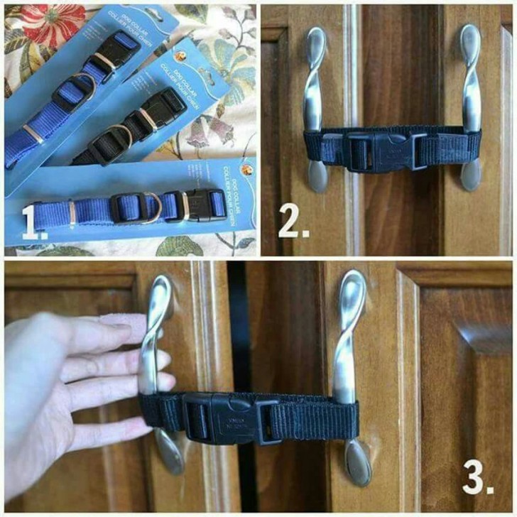 22. Another idea to keep cupboard doors closed --- dog collars!